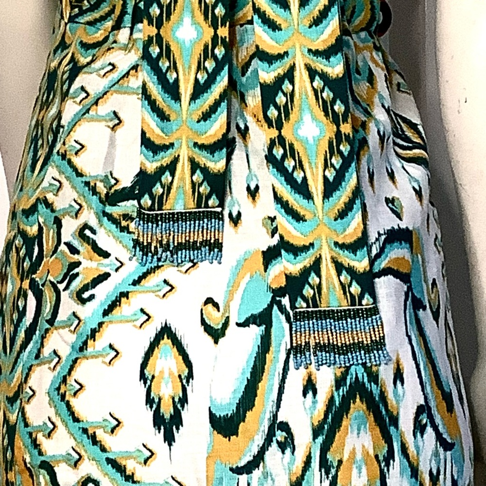 FARM RIO Blue/Greens & Cream Beads Tropical Tapestry Linen Halter Maxi Sundress - Picture 16 of 16